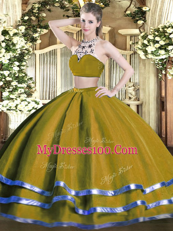 Olive Green High-neck Neckline Beading Quince Ball Gowns Sleeveless Backless
