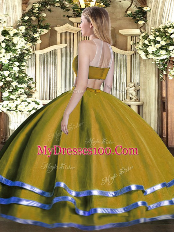 Olive Green High-neck Neckline Beading Quince Ball Gowns Sleeveless Backless