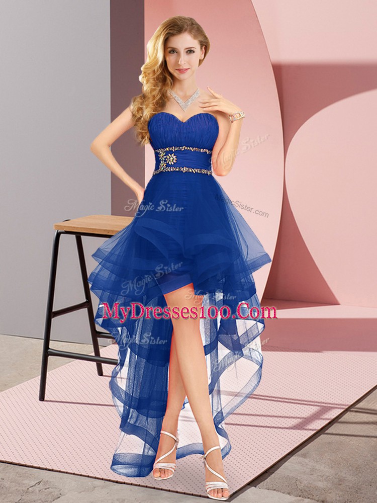 Customized Royal Blue A-line Beading Court Dresses for Sweet 16 Lace Up Tulle Sleeveless High Low