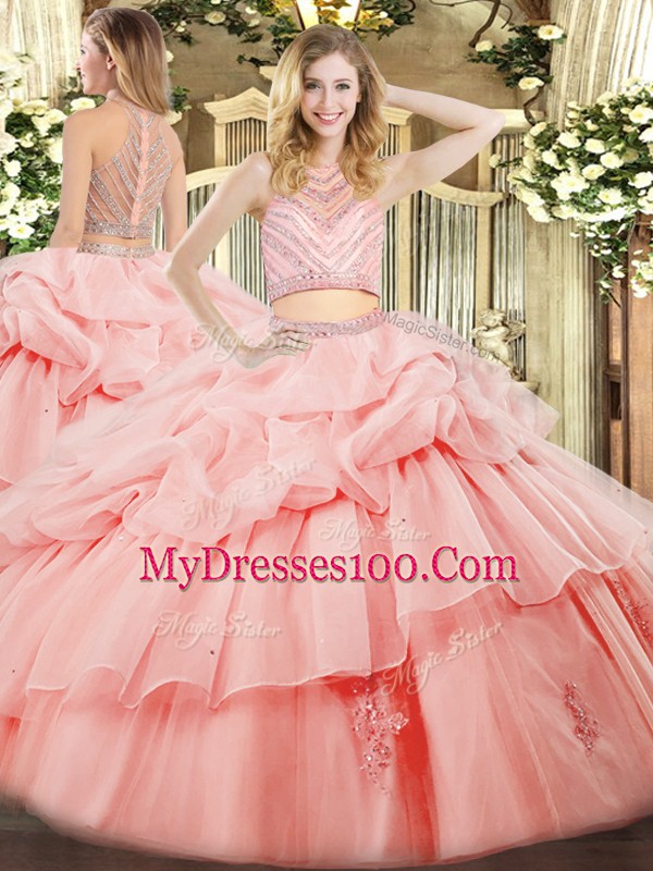 Fabulous Pink High-neck Neckline Beading and Ruffles Sweet 16 Dresses Sleeveless Zipper