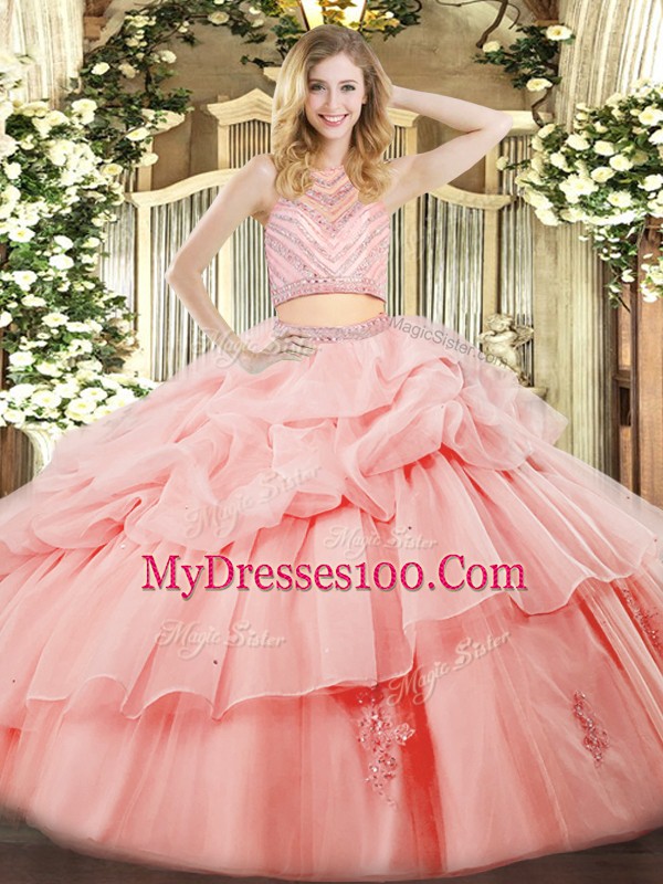 Fabulous Pink High-neck Neckline Beading and Ruffles Sweet 16 Dresses Sleeveless Zipper
