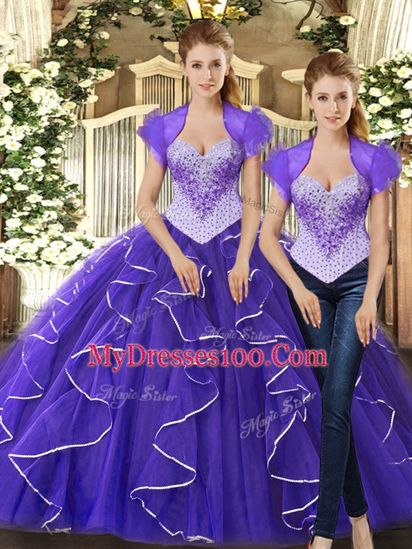 Purple Sleeveless Tulle Lace Up 15th Birthday Dress for Military Ball and Sweet 16 and Quinceanera