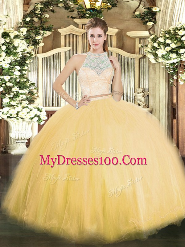 Gold Vestidos de Quinceanera Military Ball and Sweet 16 and Quinceanera with Lace Scoop Sleeveless Zipper