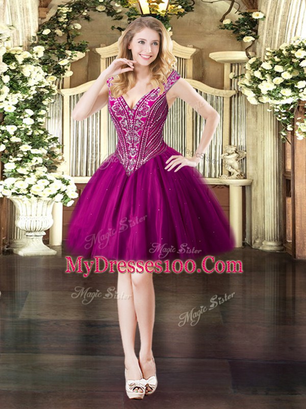Fuchsia Ball Gowns Beading Prom Evening Gown Lace Up Tulle Sleeveless Mini Length