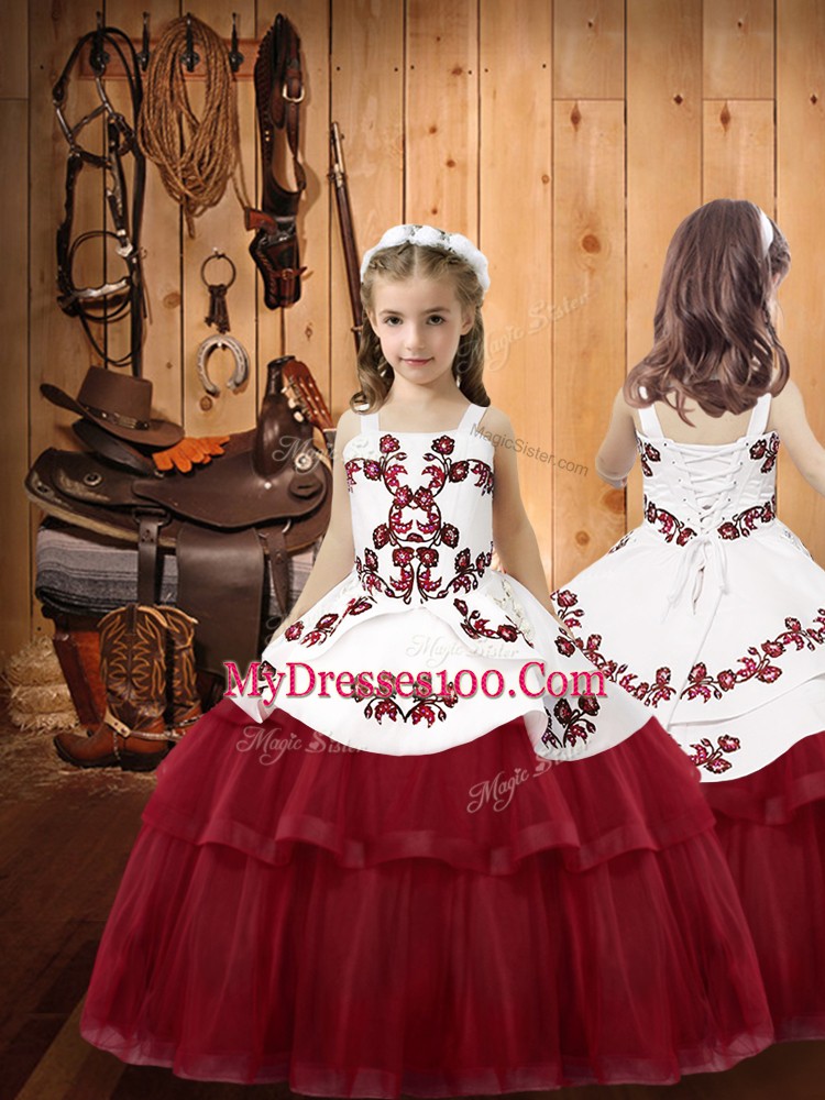 Cute Wine Red Ball Gowns Organza Strapless Sleeveless Embroidery Lace Up Quinceanera Gowns Sweep Train