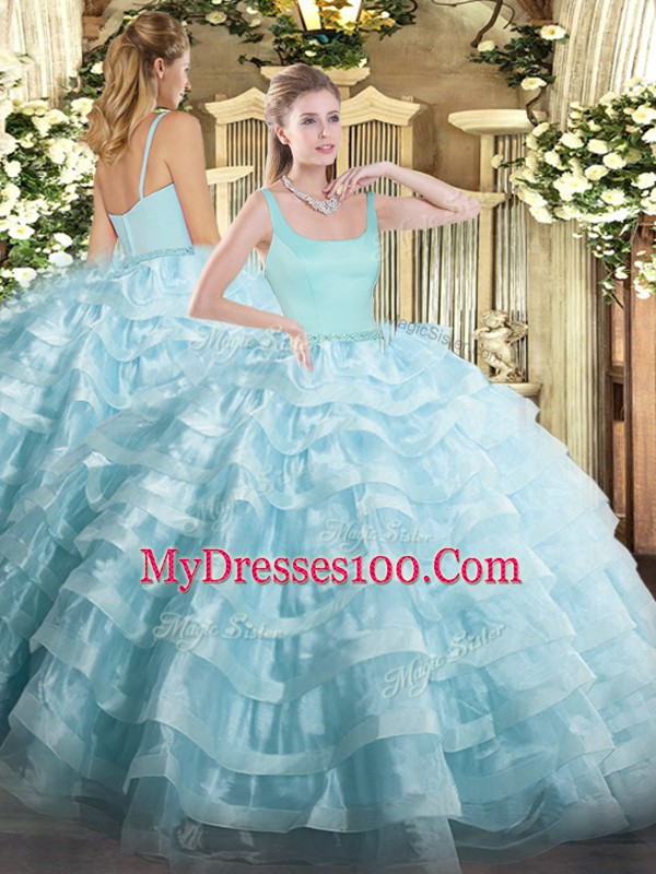 Inexpensive Straps Sleeveless Ball Gown Prom Dress Floor Length Beading and Ruffled Layers Light Blue Organza
