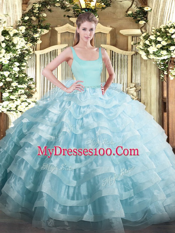 Inexpensive Straps Sleeveless Ball Gown Prom Dress Floor Length Beading and Ruffled Layers Light Blue Organza