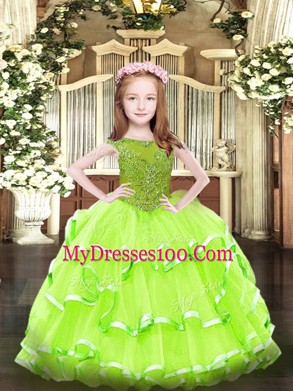 High Quality Organza Scoop Sleeveless Zipper Beading and Ruffled Layers Girls Pageant Dresses in