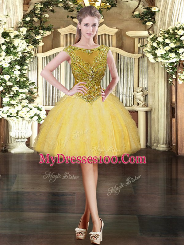 Free and Easy Gold Scoop Zipper Beading and Ruffles Hoco Dress Cap Sleeves