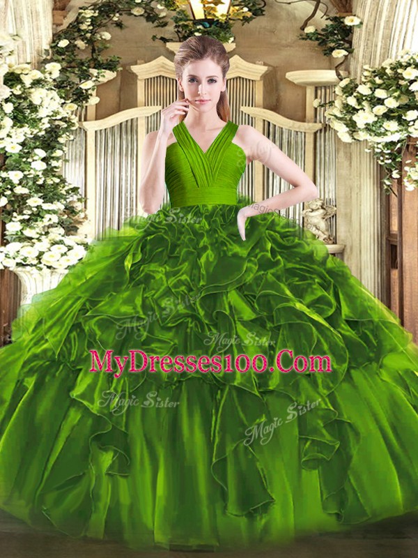 Sumptuous Sleeveless Floor Length Ruffles Zipper Sweet 16 Dresses with Olive Green