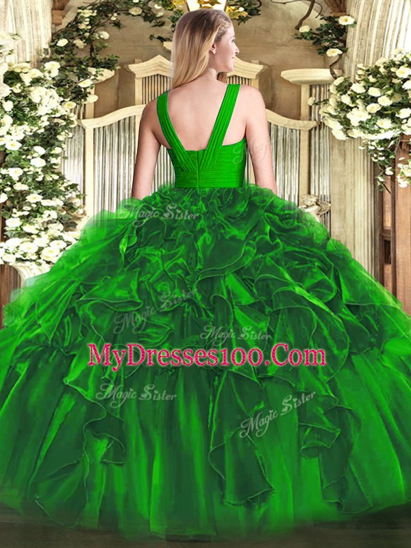 Sumptuous Sleeveless Floor Length Ruffles Zipper Sweet 16 Dresses with Olive Green