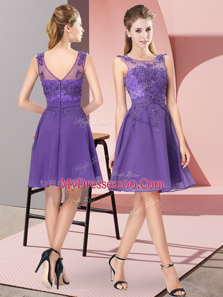 Scoop Sleeveless Wedding Guest Dresses Knee Length Appliques Lavender Chiffon