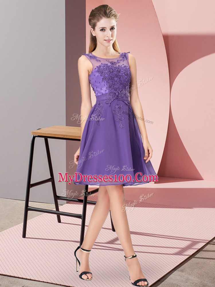 Scoop Sleeveless Wedding Guest Dresses Knee Length Appliques Lavender Chiffon