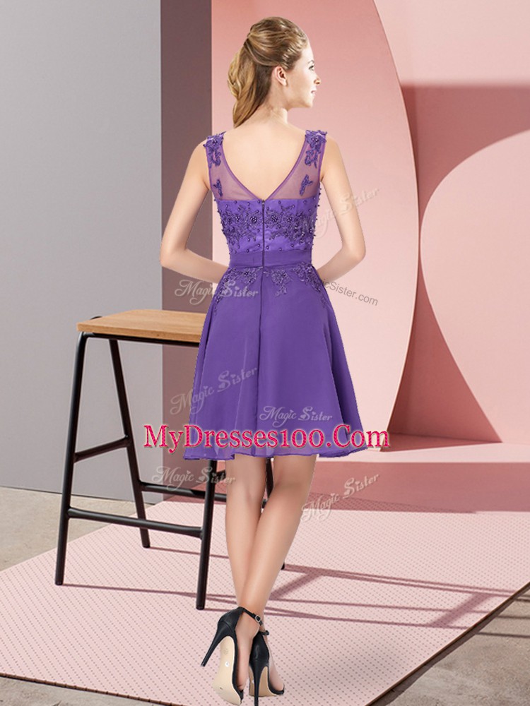 Scoop Sleeveless Wedding Guest Dresses Knee Length Appliques Lavender Chiffon