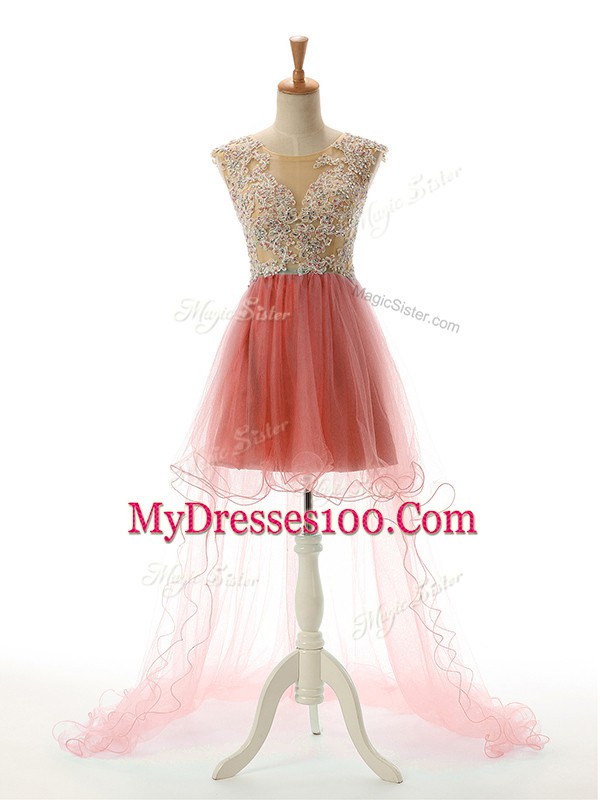 High Low Watermelon Red Tulle Sleeveless Appliques