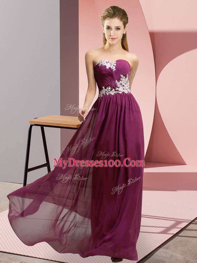 Dark Purple Lace Up Prom Evening Gown Appliques Sleeveless Floor Length