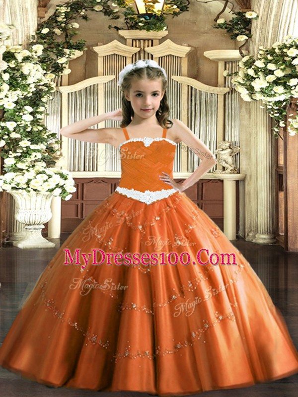 Stunning Rust Red Ball Gowns Appliques Little Girl Pageant Dress Lace Up Tulle Sleeveless Floor Length