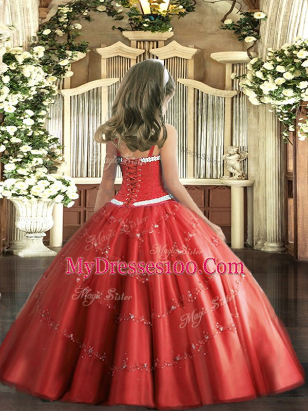 Stunning Rust Red Ball Gowns Appliques Little Girl Pageant Dress Lace Up Tulle Sleeveless Floor Length