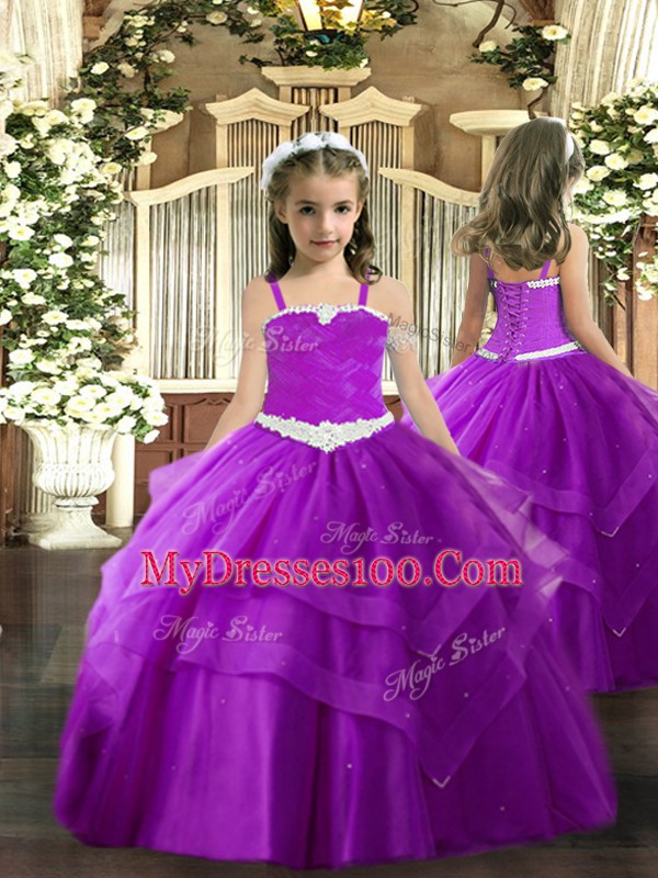 Sleeveless Tulle Floor Length Lace Up Kids Formal Wear in Purple with Appliques and Ruffled Layers