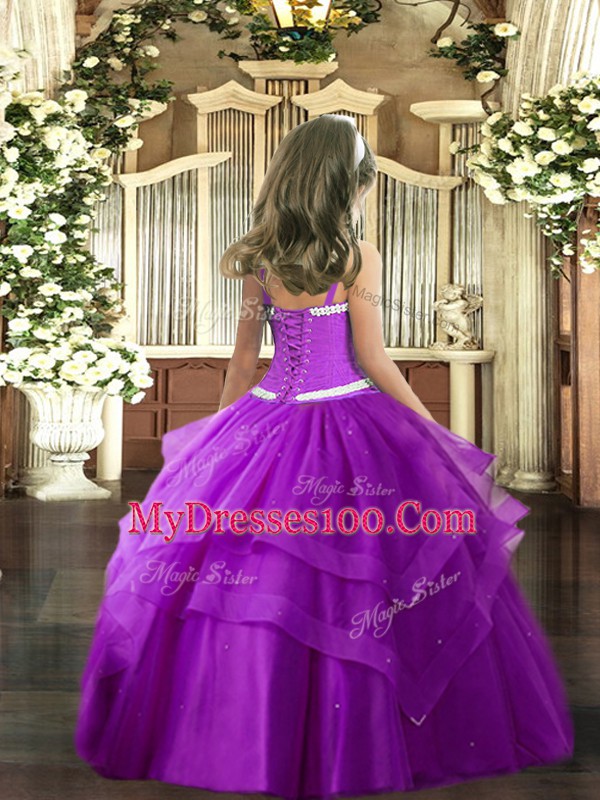 Sleeveless Tulle Floor Length Lace Up Kids Formal Wear in Purple with Appliques and Ruffled Layers