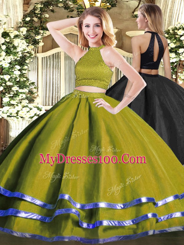 Floor Length Olive Green Vestidos de Quinceanera Tulle Sleeveless Beading