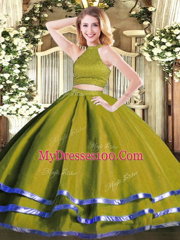 Floor Length Olive Green Vestidos de Quinceanera Tulle Sleeveless Beading