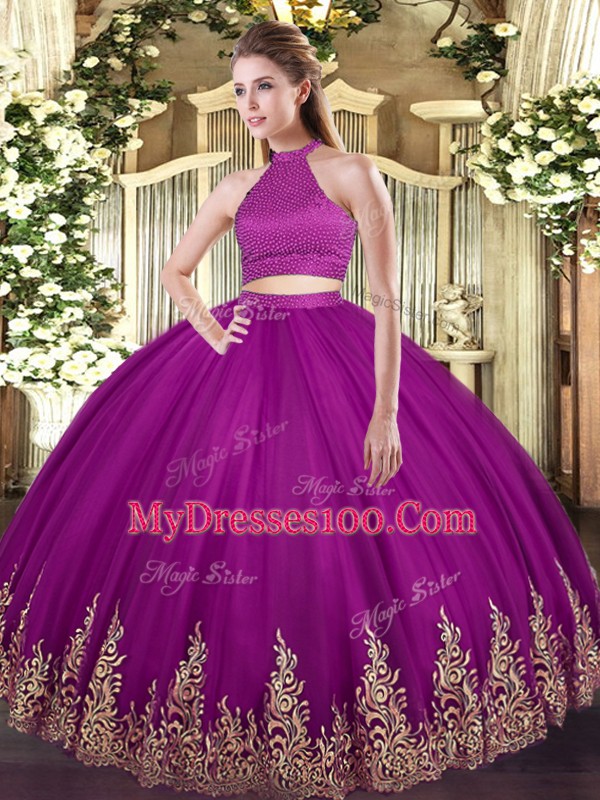 Sleeveless Tulle Floor Length Backless 15th Birthday Dress in Fuchsia with Beading and Appliques