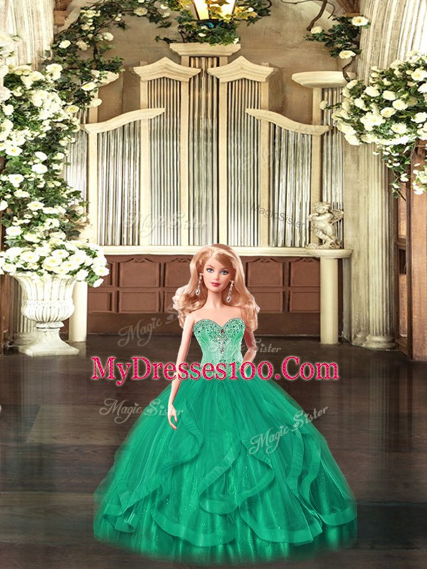 Green Ball Gowns Tulle Sweetheart Sleeveless Beading and Ruffles Floor Length Lace Up Sweet 16 Quinceanera Dress