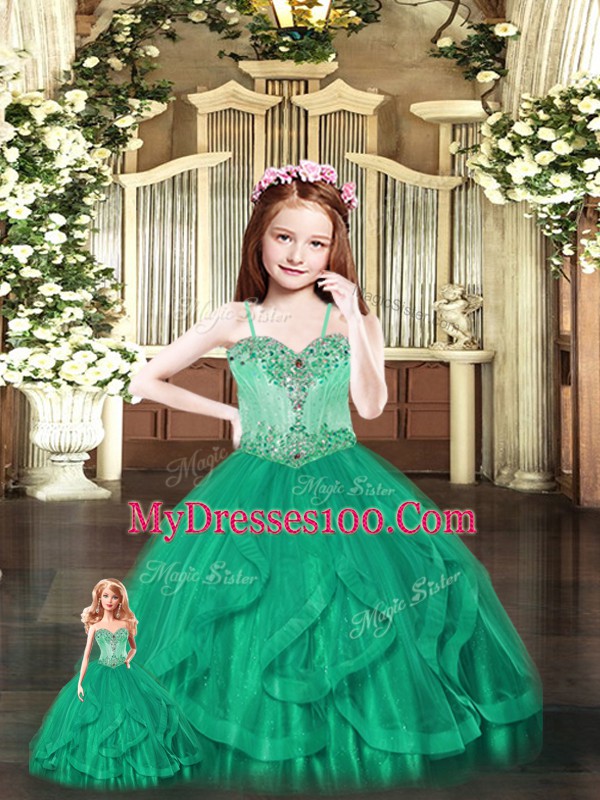 Green Ball Gowns Tulle Sweetheart Sleeveless Beading and Ruffles Floor Length Lace Up Sweet 16 Quinceanera Dress