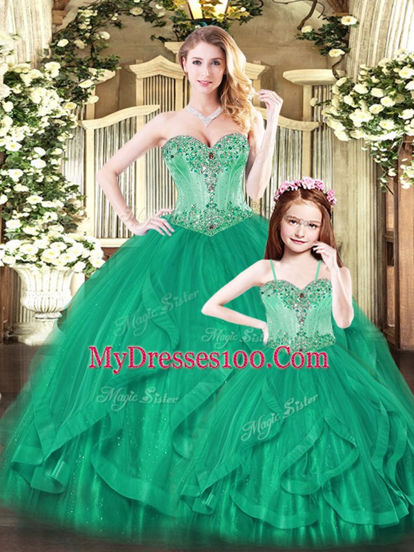 Green Ball Gowns Tulle Sweetheart Sleeveless Beading and Ruffles Floor Length Lace Up Sweet 16 Quinceanera Dress