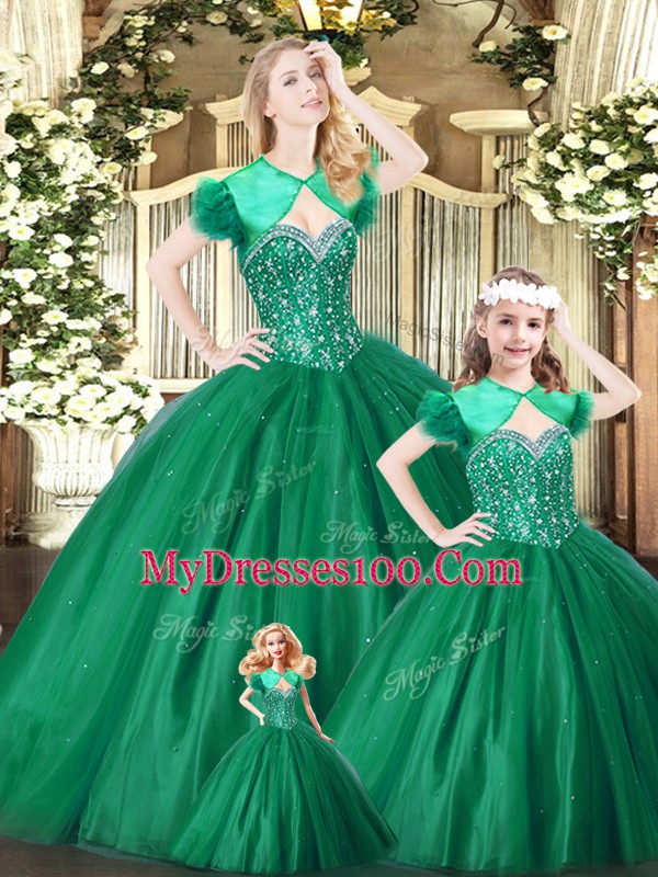 Floor Length Lace Up Sweet 16 Quinceanera Dress Green for Military Ball and Sweet 16 and Quinceanera with Beading