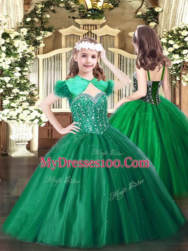 Floor Length Lace Up Sweet 16 Quinceanera Dress Green for Military Ball and Sweet 16 and Quinceanera with Beading