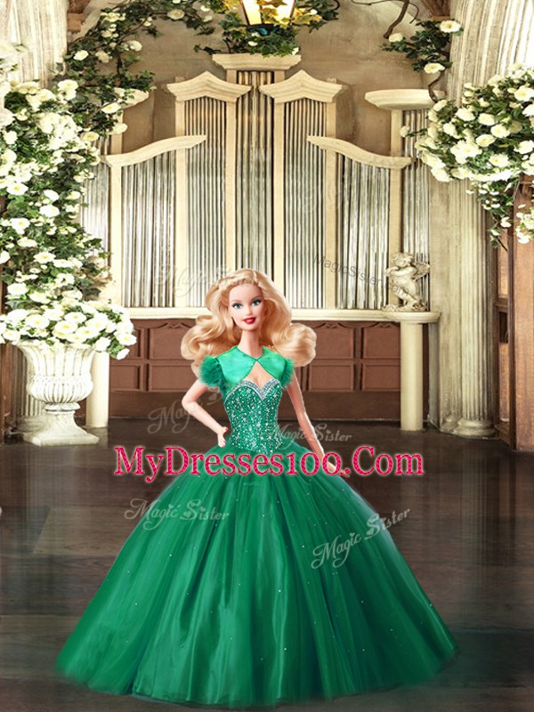 Floor Length Lace Up Sweet 16 Quinceanera Dress Green for Military Ball and Sweet 16 and Quinceanera with Beading