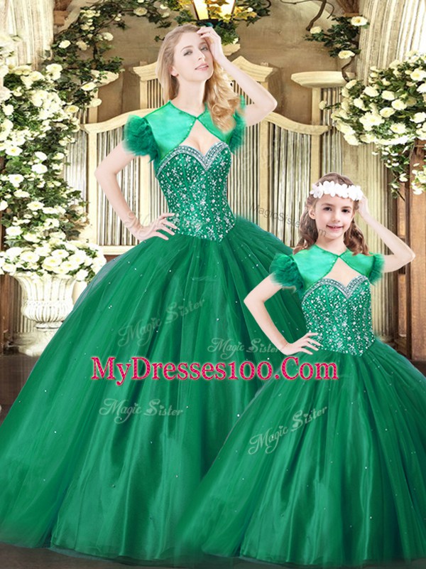 Floor Length Lace Up Sweet 16 Quinceanera Dress Green for Military Ball and Sweet 16 and Quinceanera with Beading