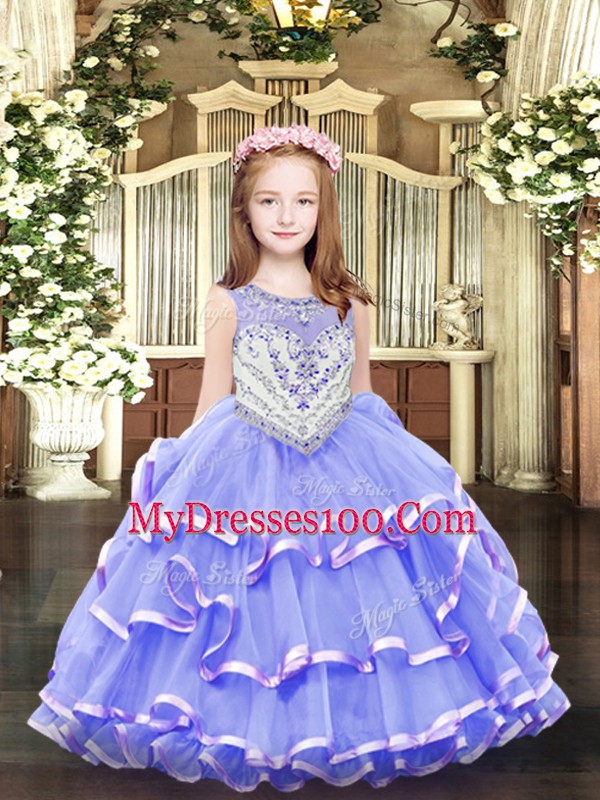Sleeveless Organza Floor Length Zipper Little Girls Pageant Gowns in Lavender with Beading and Ruffled Layers