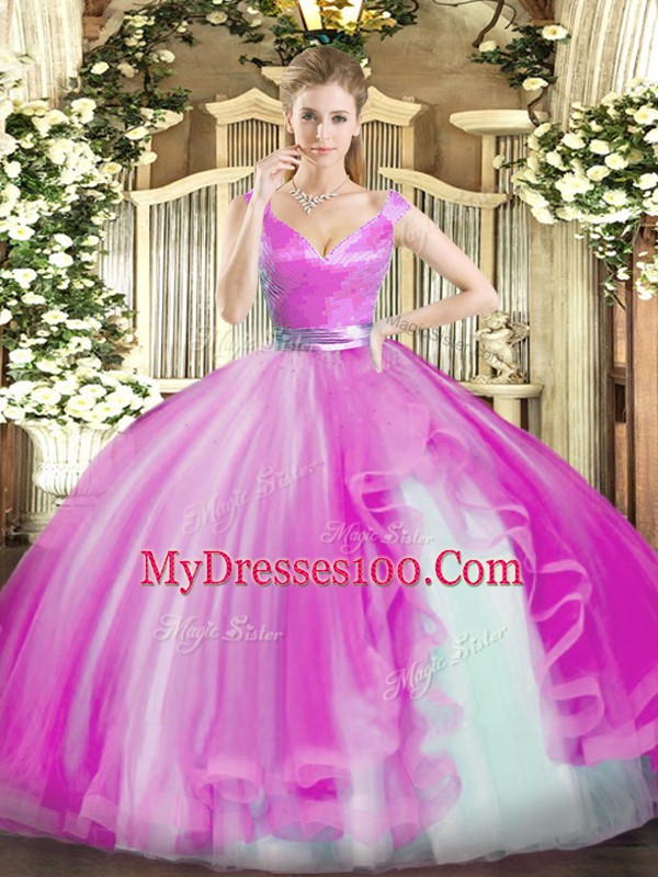 Custom Designed Fuchsia Zipper V-neck Beading and Ruffles Quinceanera Gown Tulle Sleeveless
