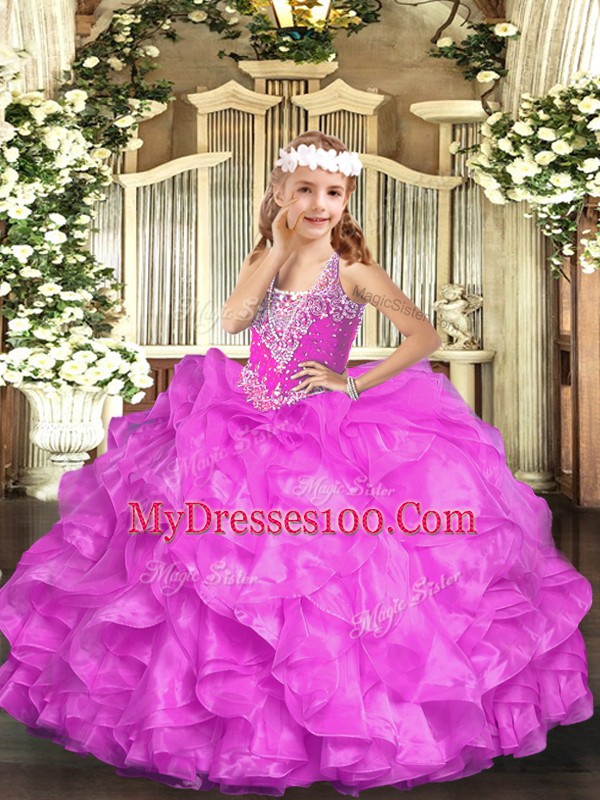 New Arrival V-neck Sleeveless High School Pageant Dress Floor Length Beading and Ruffles Lilac Organza
