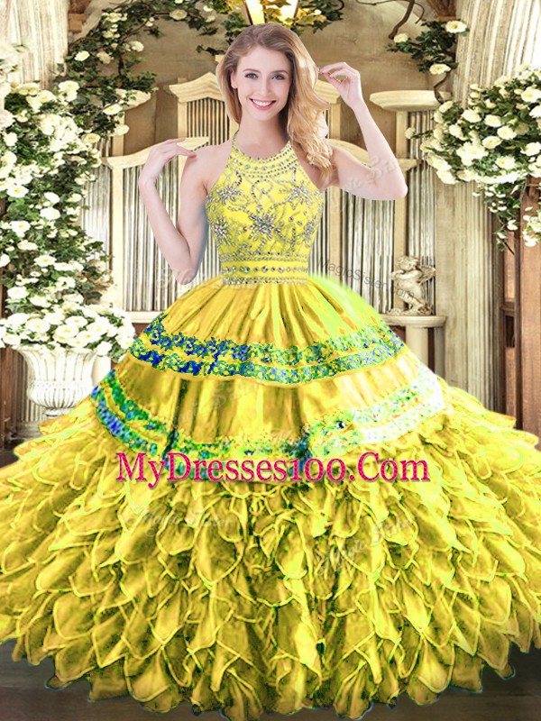 Custom Fit Halter Top Sleeveless Zipper Sweet 16 Dresses Gold Organza