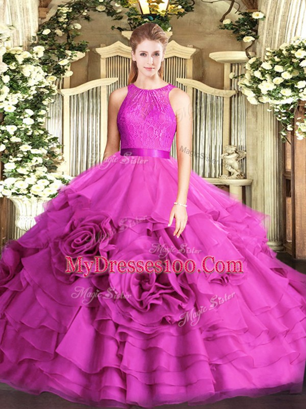 Sleeveless Fabric With Rolling Flowers Floor Length Zipper Sweet 16 Dresses in Fuchsia with Lace