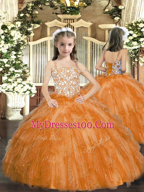 Orange Sleeveless Beading and Ruffles Floor Length Little Girls Pageant Dress Wholesale