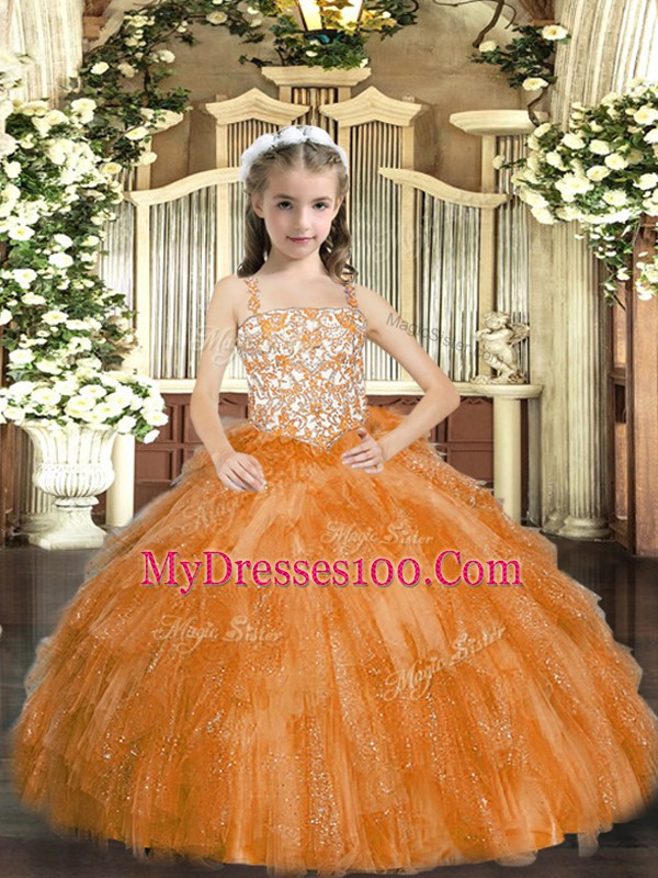 Orange Sleeveless Beading and Ruffles Floor Length Little Girls Pageant Dress Wholesale