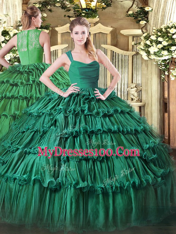 Fashionable Sleeveless Floor Length Ruffled Layers Zipper Sweet 16 Dress with Green