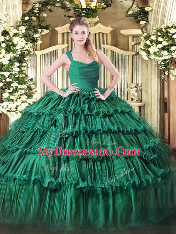 Fashionable Sleeveless Floor Length Ruffled Layers Zipper Sweet 16 Dress with Green