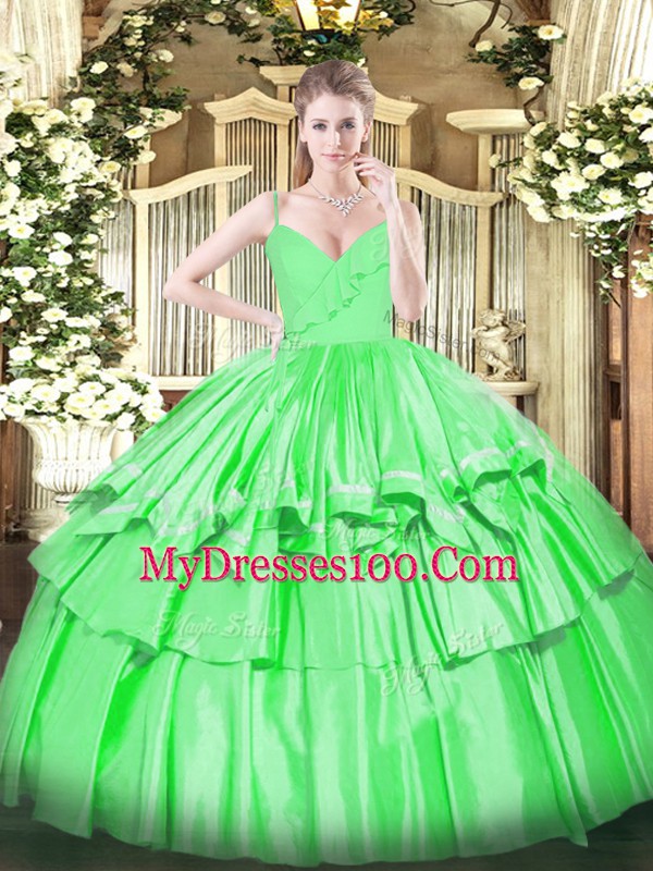 Fitting Spaghetti Straps Sleeveless Zipper Vestidos de Quinceanera Green Taffeta