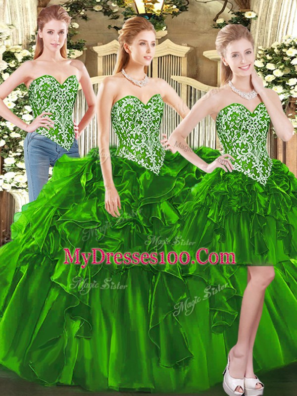 Dark Green Tulle Lace Up Sweet 16 Dresses Sleeveless Floor Length Beading and Ruffles