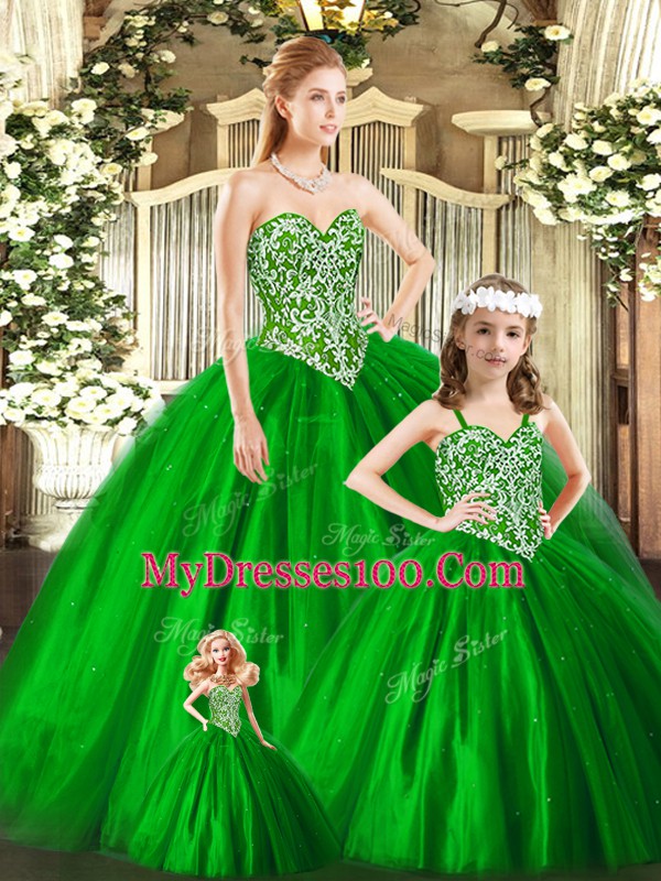 Suitable Green Ball Gowns Beading Quinceanera Dresses Lace Up Tulle Sleeveless Floor Length