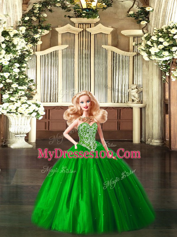Suitable Green Ball Gowns Beading Quinceanera Dresses Lace Up Tulle Sleeveless Floor Length