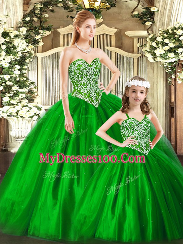 Suitable Green Ball Gowns Beading Quinceanera Dresses Lace Up Tulle Sleeveless Floor Length
