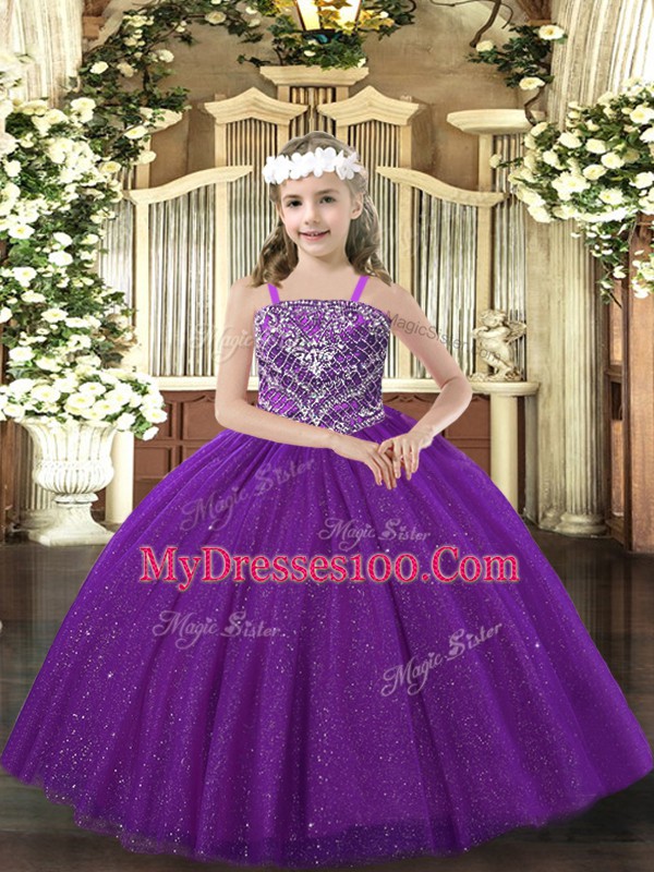 Straps Sleeveless Child Pageant Dress Floor Length Beading Purple Tulle