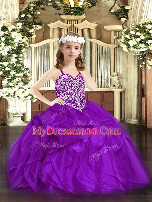 Elegant Floor Length Lace Up Winning Pageant Gowns Purple for Party and Quinceanera with Beading and Ruffles